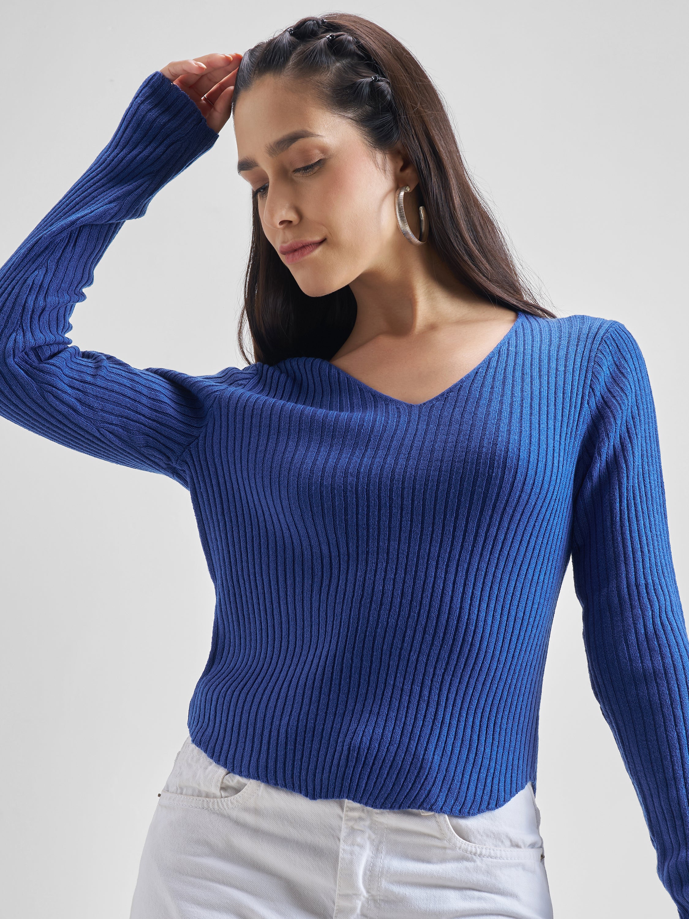 Tokyo Talkies Women Blue V-Neck Sweater - Blue - Image 1