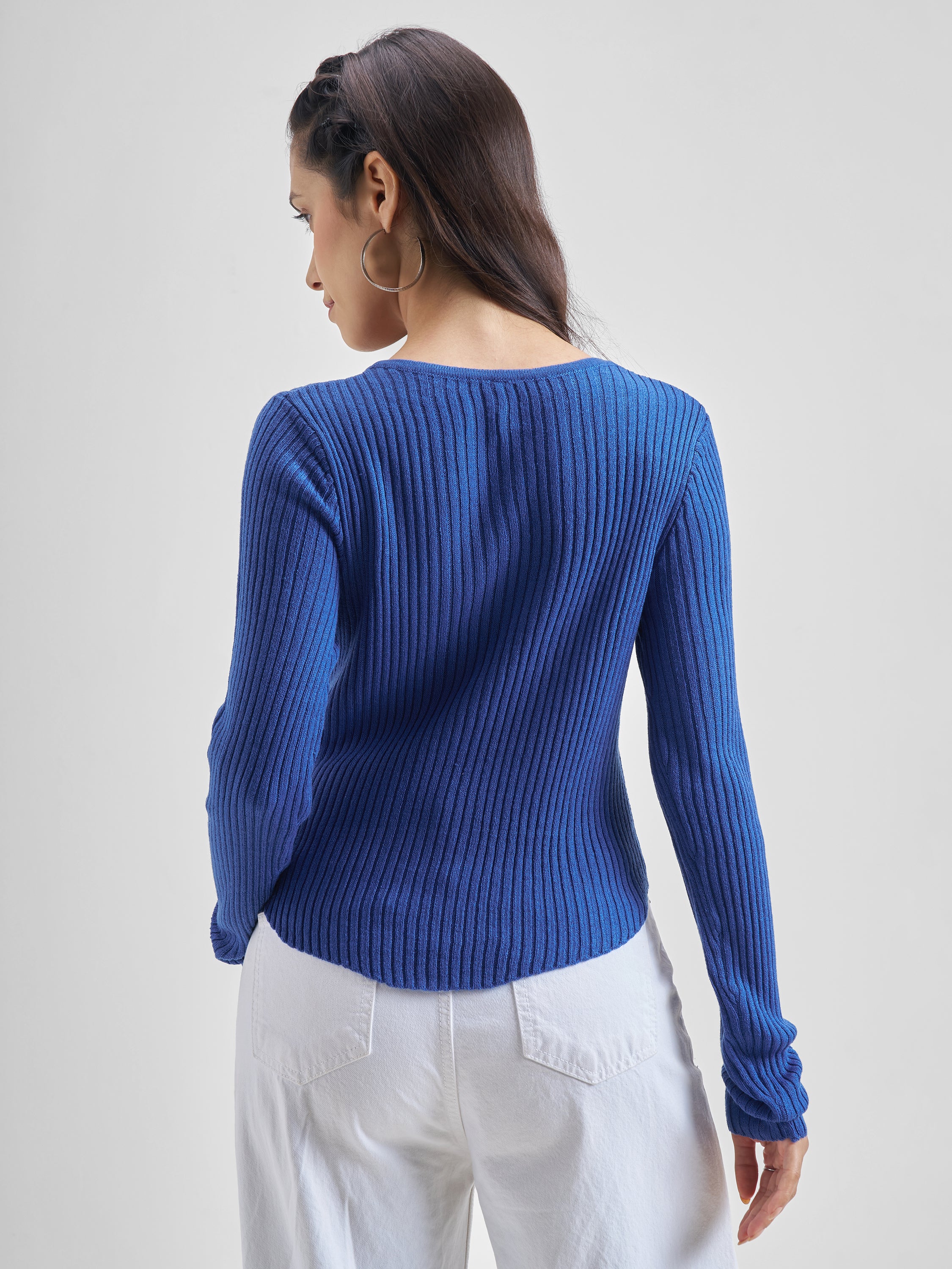 Tokyo Talkies Women Blue V-Neck Sweater - Blue - Image 3