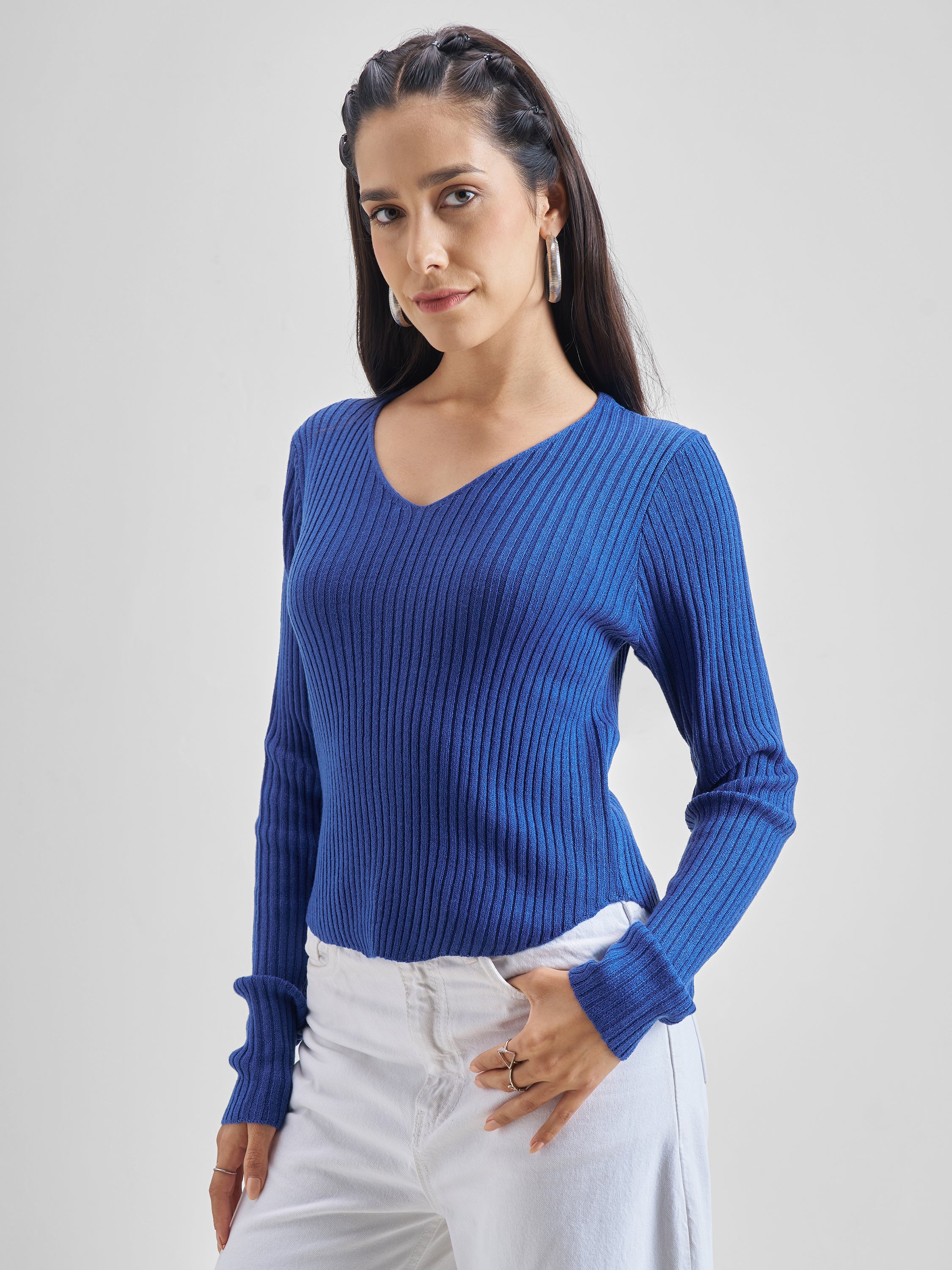 Tokyo Talkies Women Blue V-Neck Sweater - Blue - Image 4