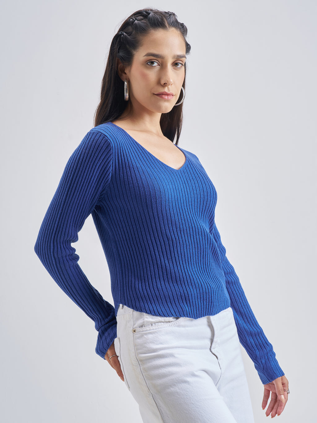 Tokyo Talkies Women Blue V-Neck Sweater - Blue - Image 6
