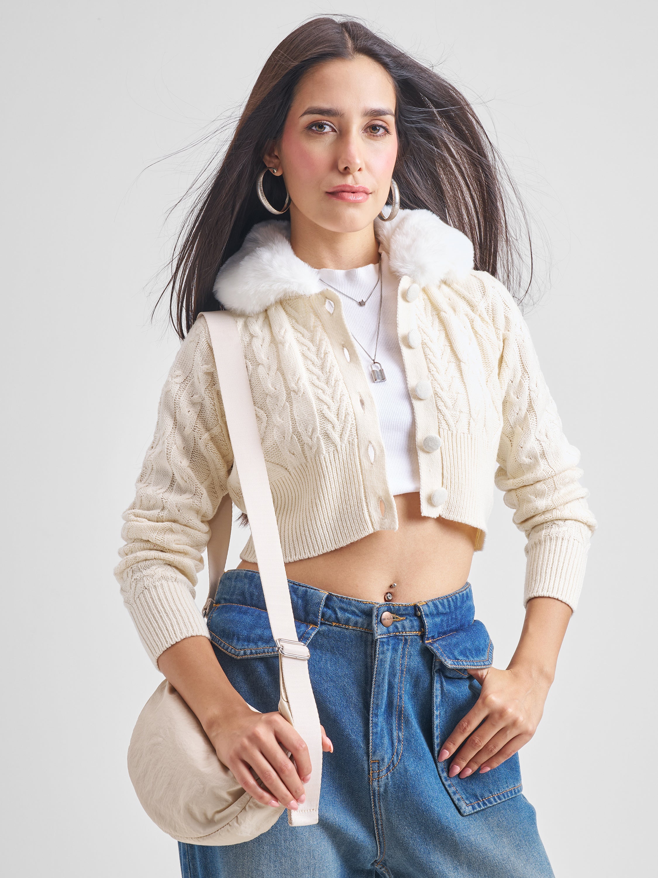 Tokyo Talkies Women White Lapel Collar Cable Knit Cropped Sweater - White - Image 1