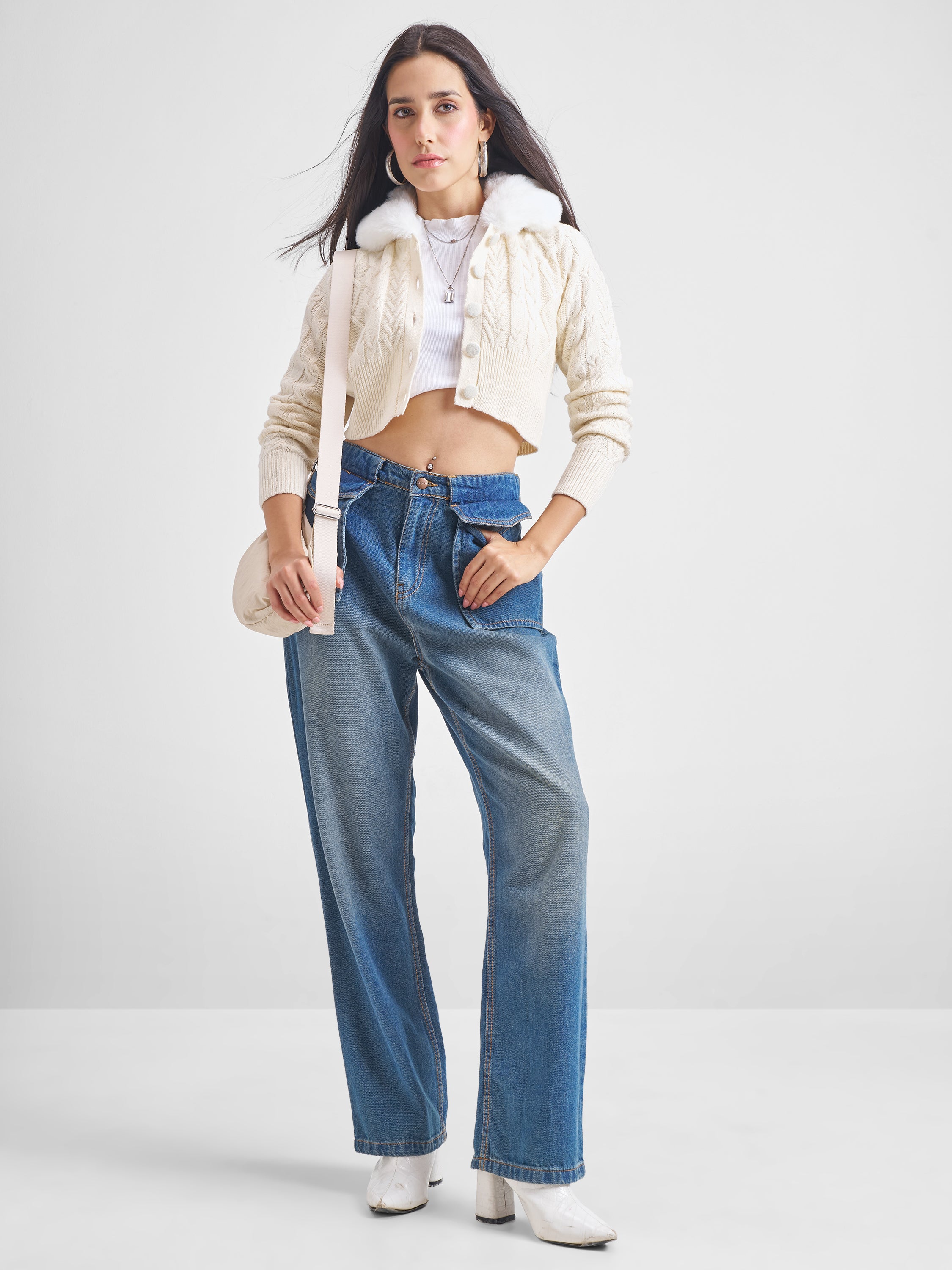 Tokyo Talkies Women White Lapel Collar Cable Knit Cropped Sweater - White - Image 2