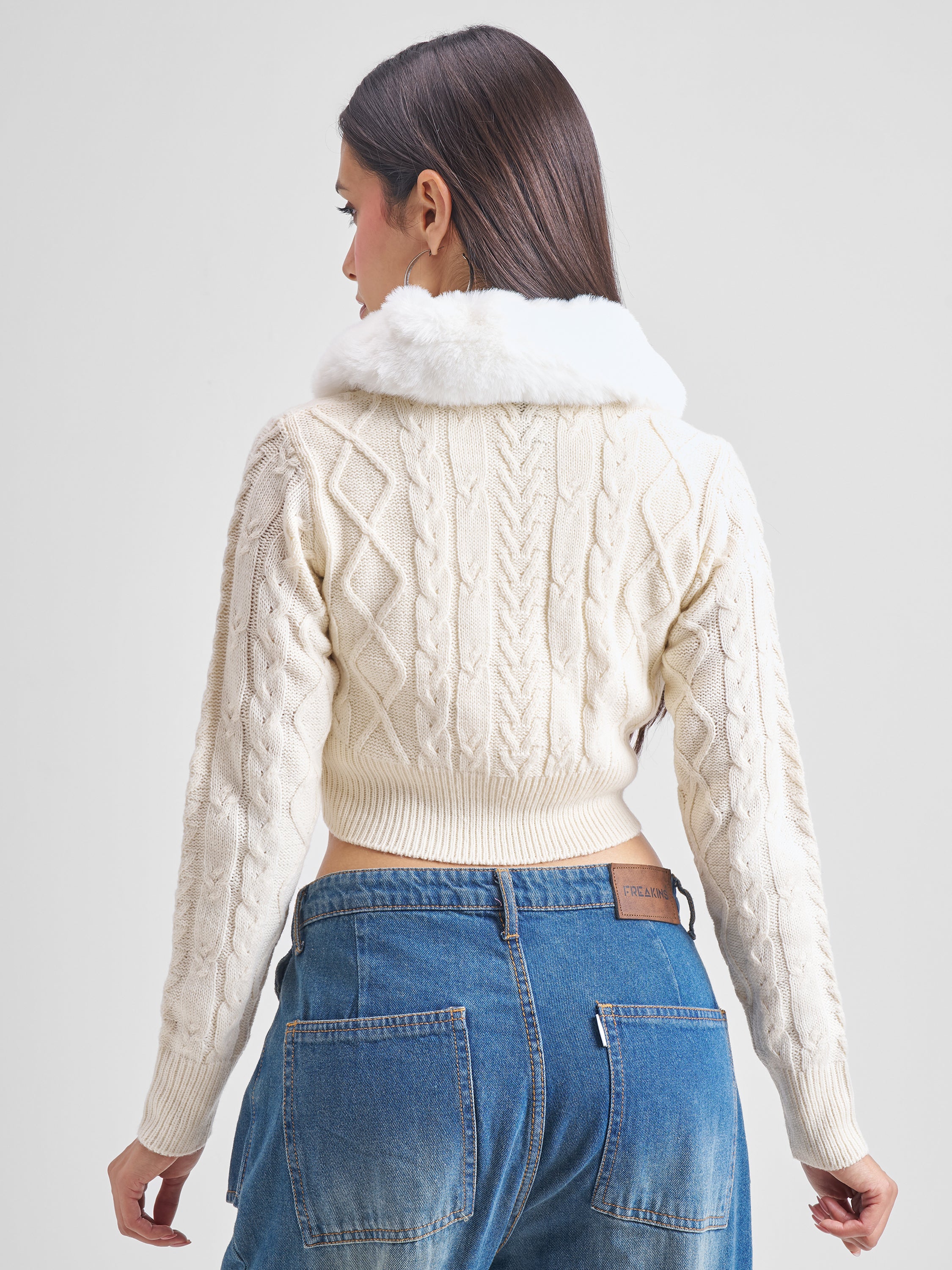 Tokyo Talkies Women White Lapel Collar Cable Knit Cropped Sweater - White - Image 3