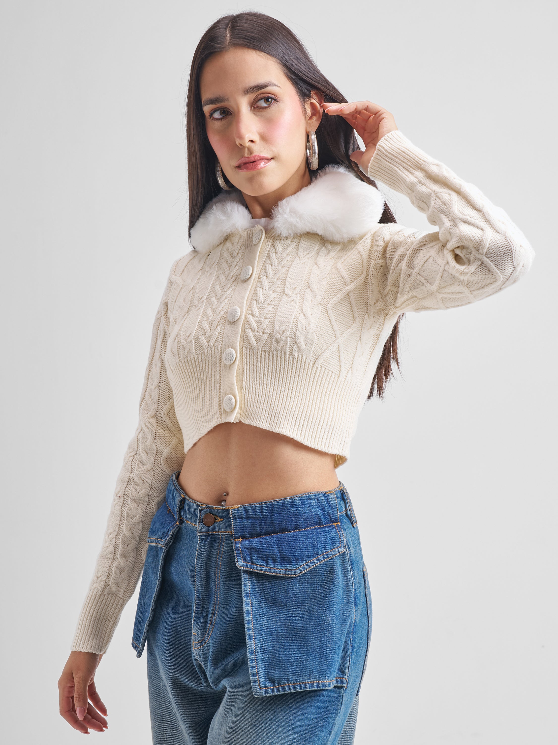 Tokyo Talkies Women White Lapel Collar Cable Knit Cropped Sweater - White - Image 4