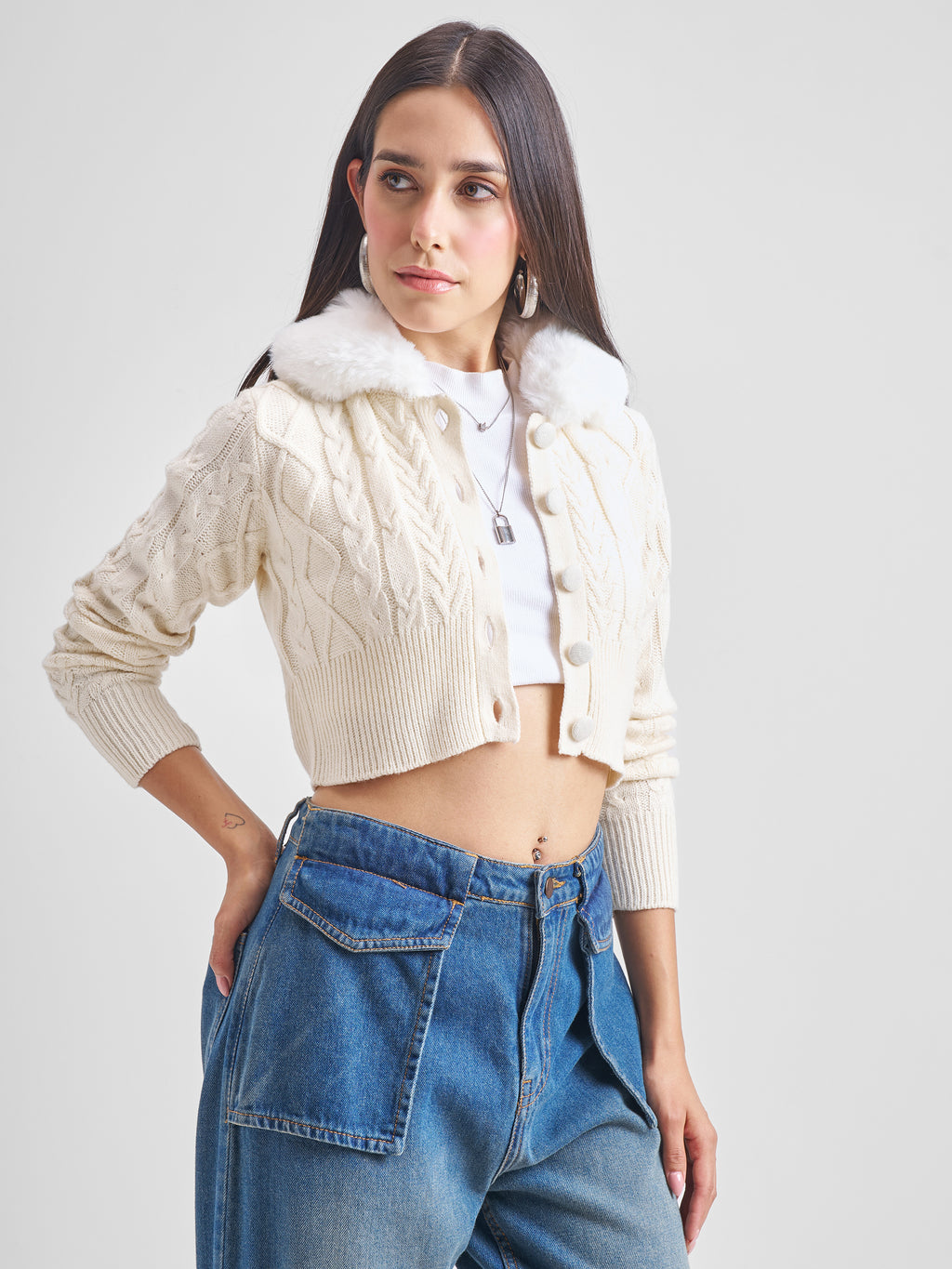 Tokyo Talkies Women White Lapel Collar Cable Knit Cropped Sweater - White - Image 6