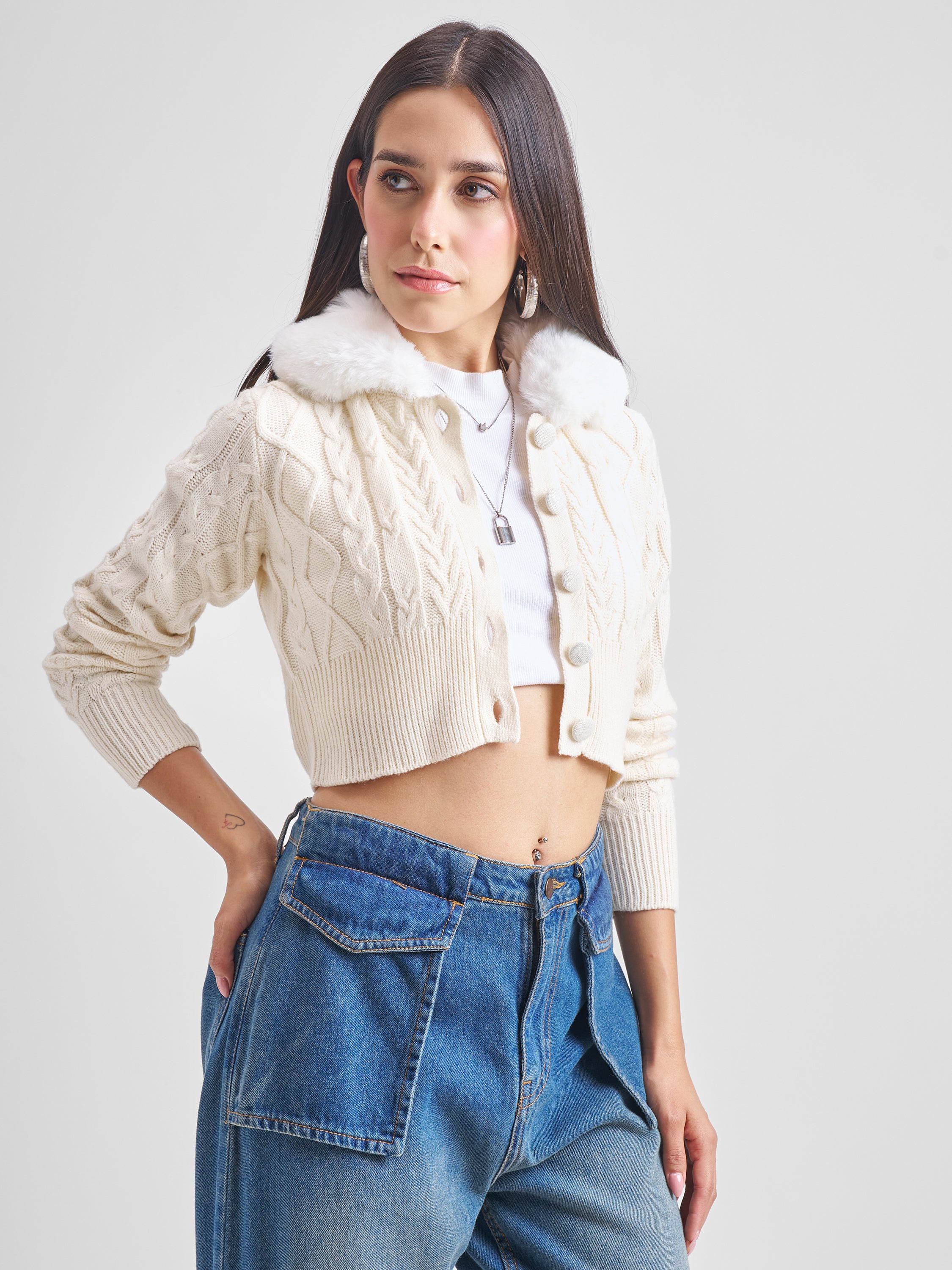 Tokyo Talkies Women White Lapel Collar Cable Knit Cropped Sweater - White - Image 6