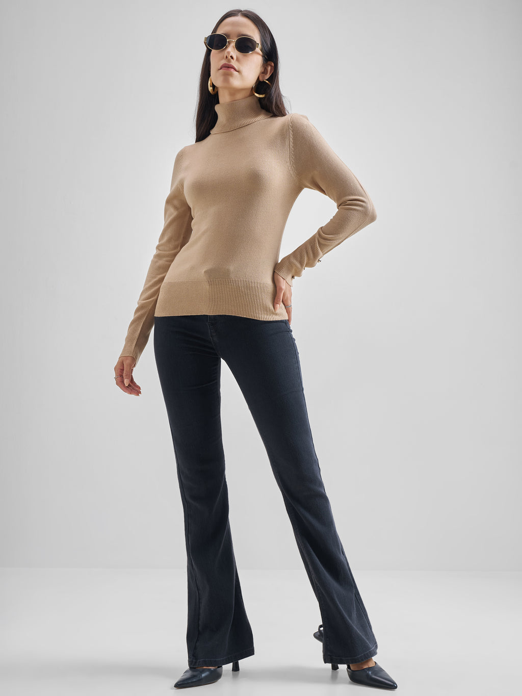 Tokyo Talkies Women Beige Turtle Neck Sweater - Beige - Image 2