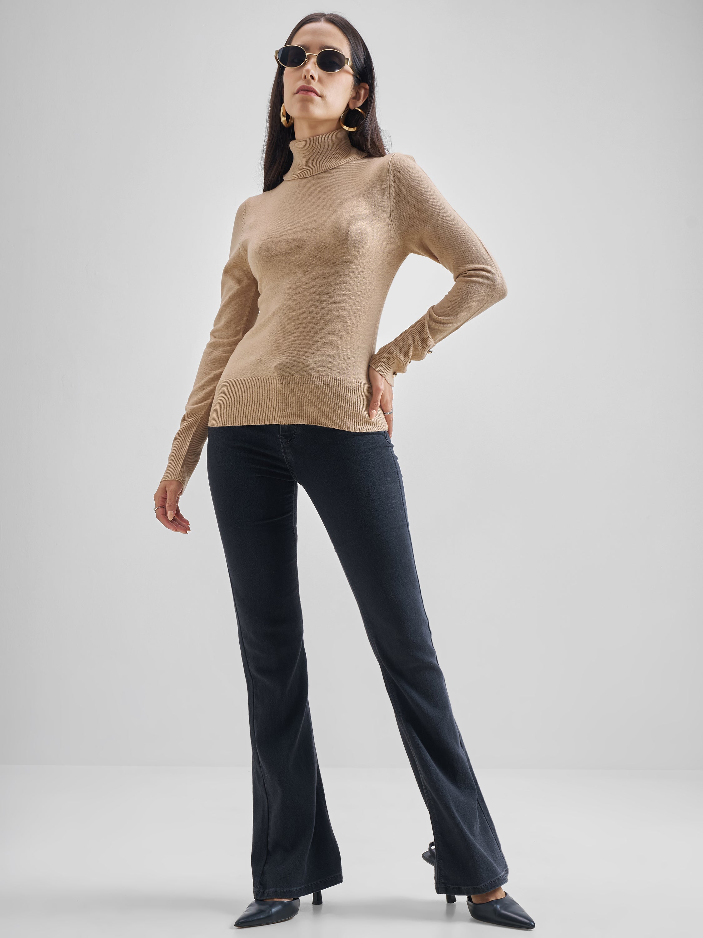 Tokyo Talkies Women Beige Turtle Neck Sweater - Beige - Image 2