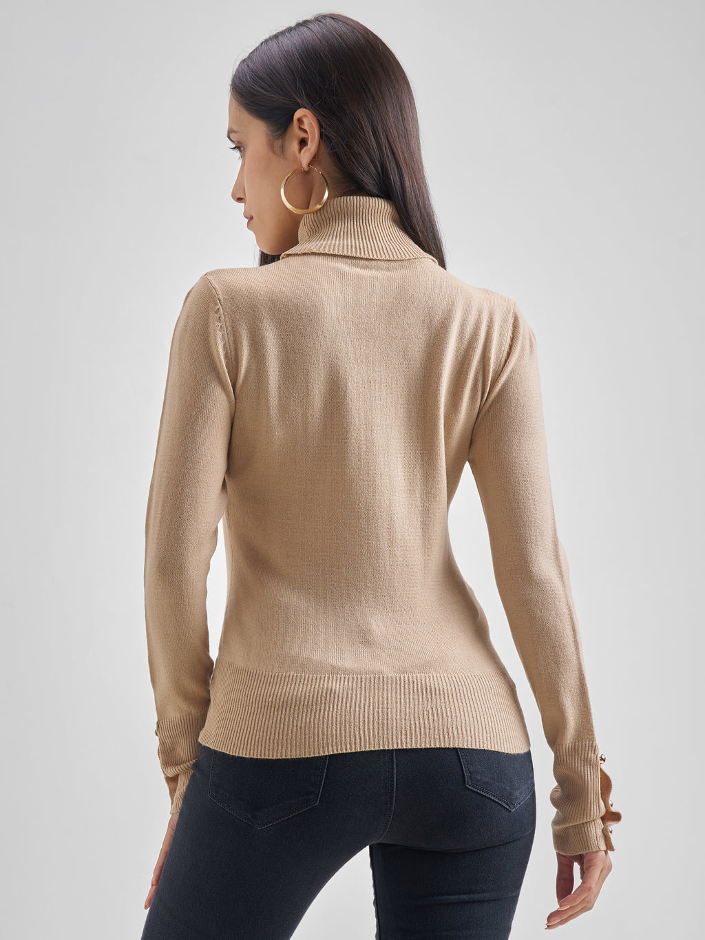 Tokyo Talkies Women Beige Turtle Neck Sweater - Beige - Image 3