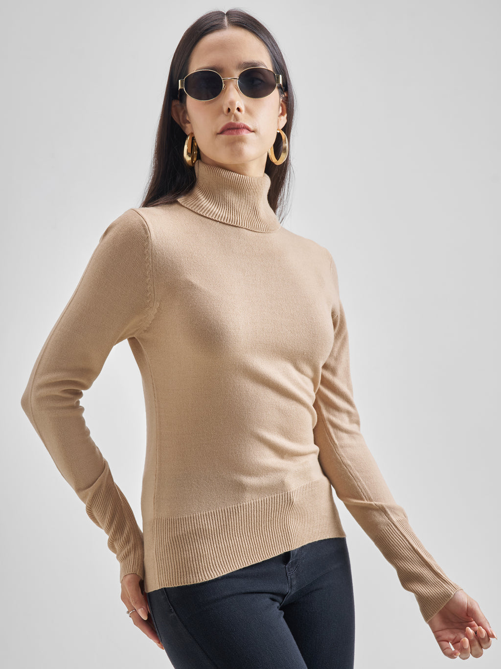 Tokyo Talkies Women Beige Turtle Neck Sweater - Beige - Image 6