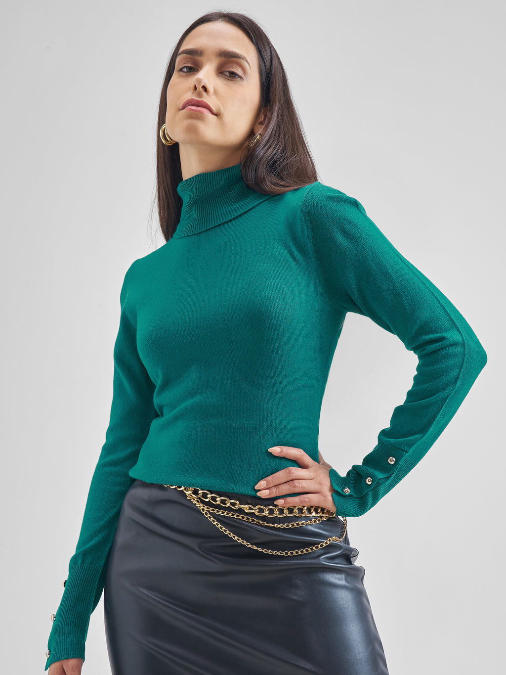 Tokyo Talkies Women Teal Turtle Neck Sweater - Teal - Image 1