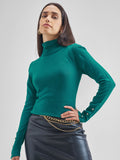 Tokyo Talkies Women Teal Turtle Neck Sweater - Teal - Image 1