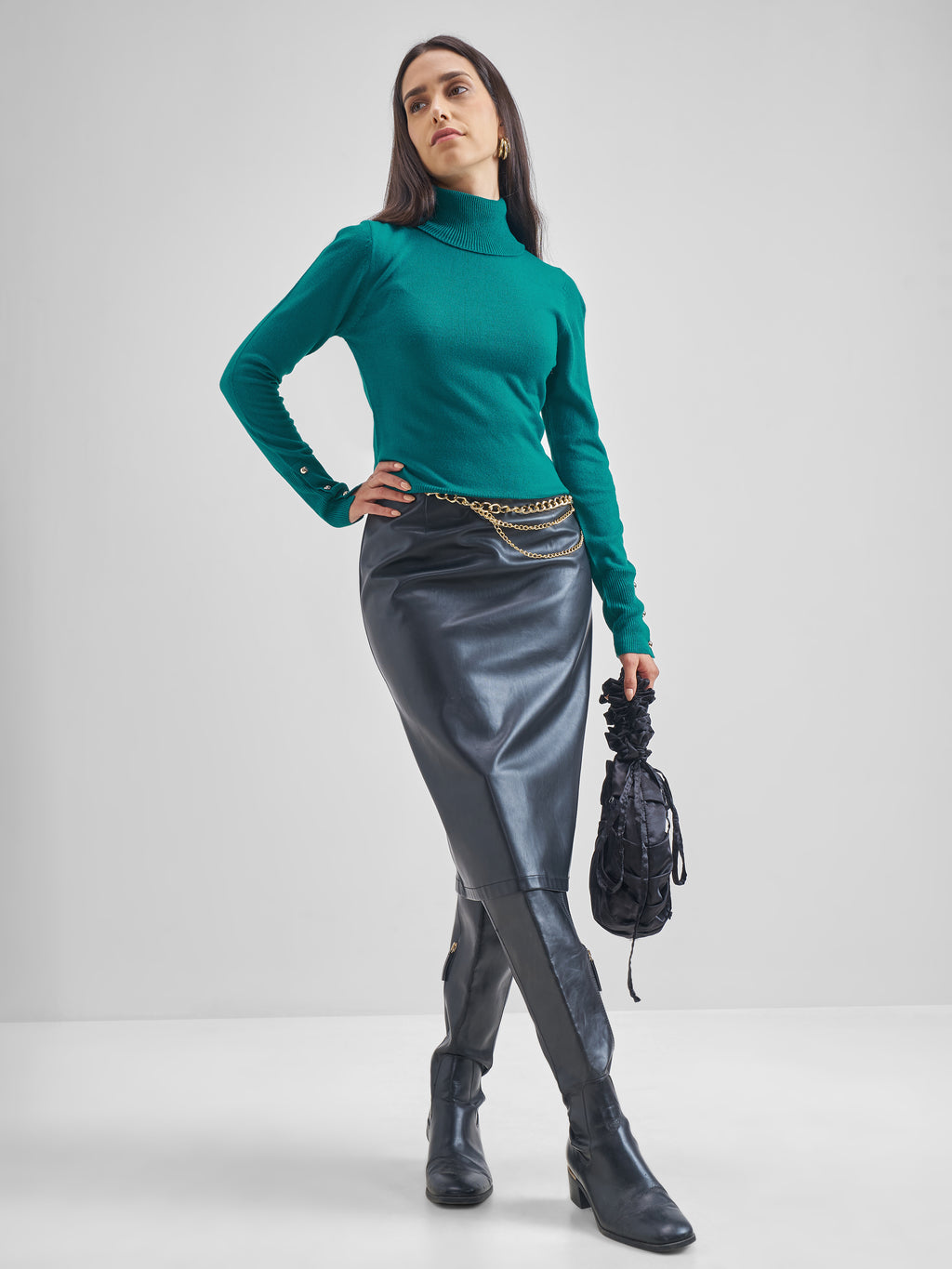 Tokyo Talkies Women Teal Turtle Neck Sweater - Teal - Image 2