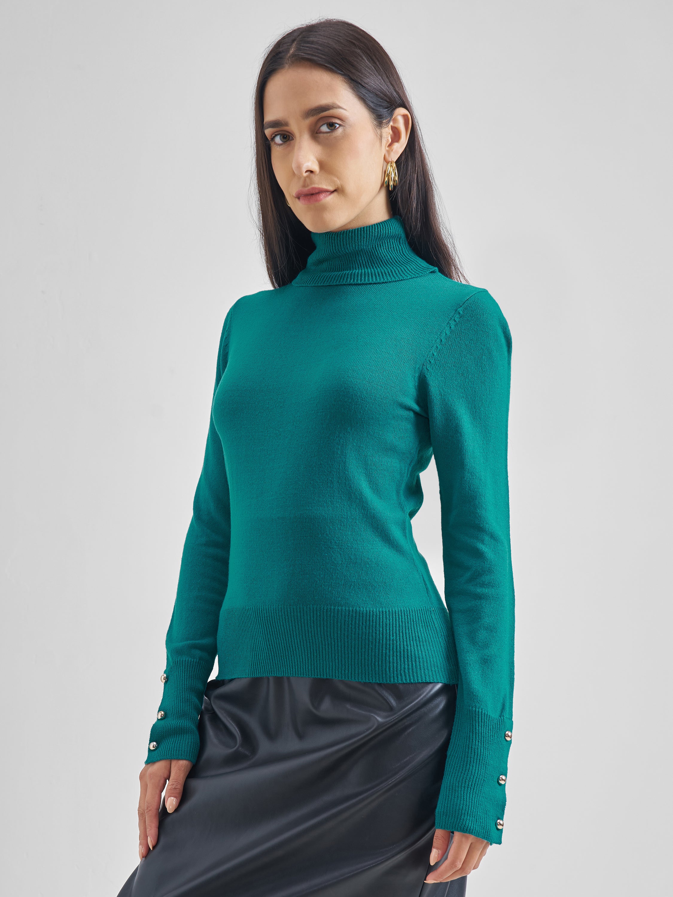 Tokyo Talkies Women Teal Turtle Neck Sweater - Teal - Image 4