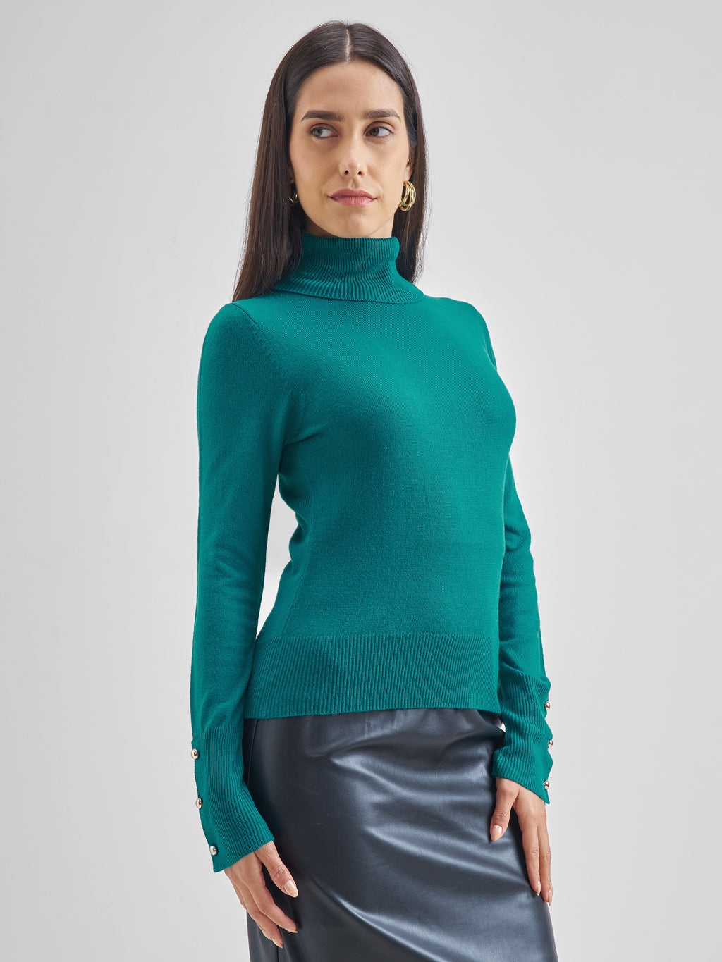 Tokyo Talkies Women Teal Turtle Neck Sweater - Teal - Image 6