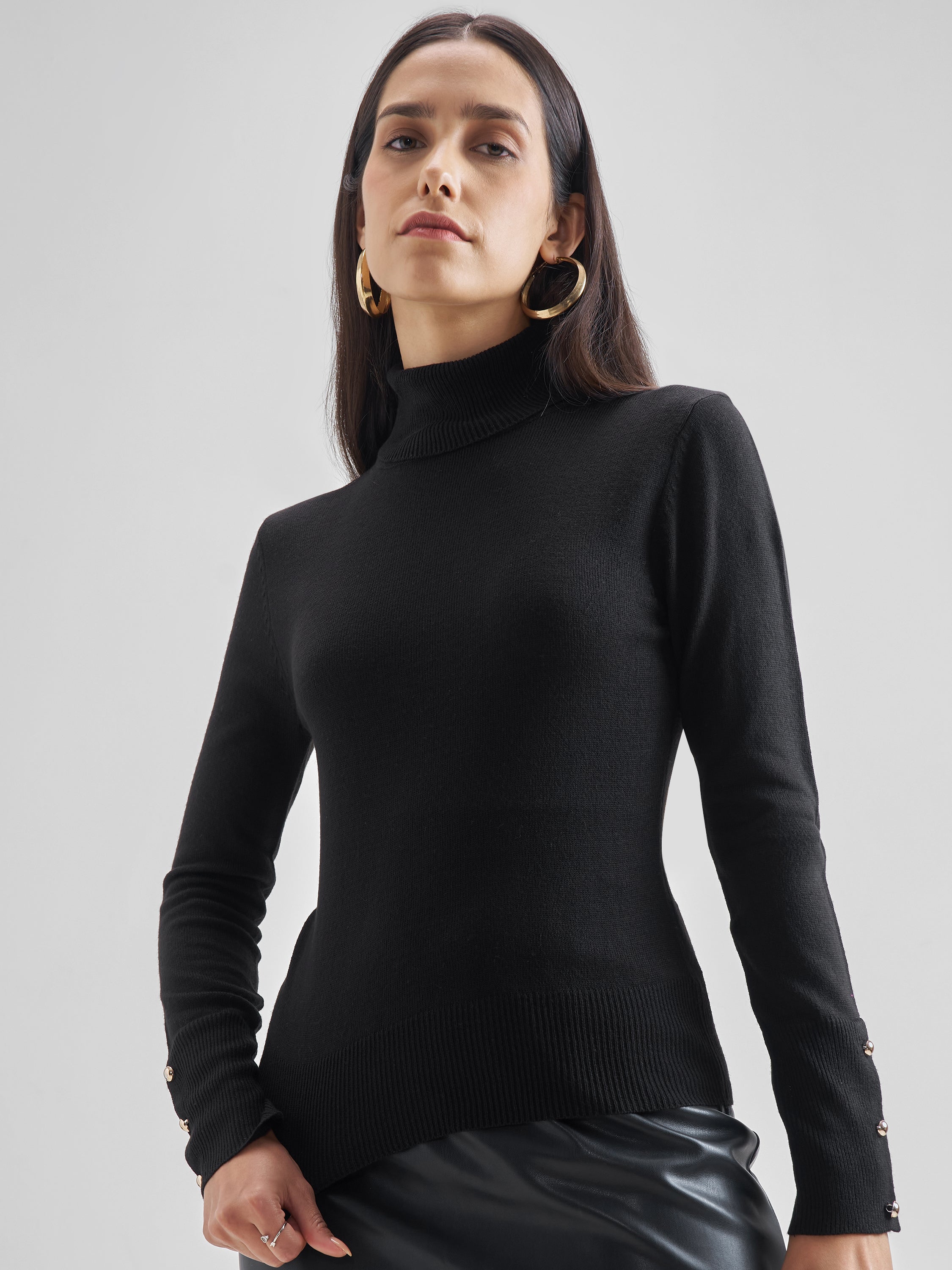 Tokyo Talkies Women Black Turtle Neck Sweater - Black - Image 1