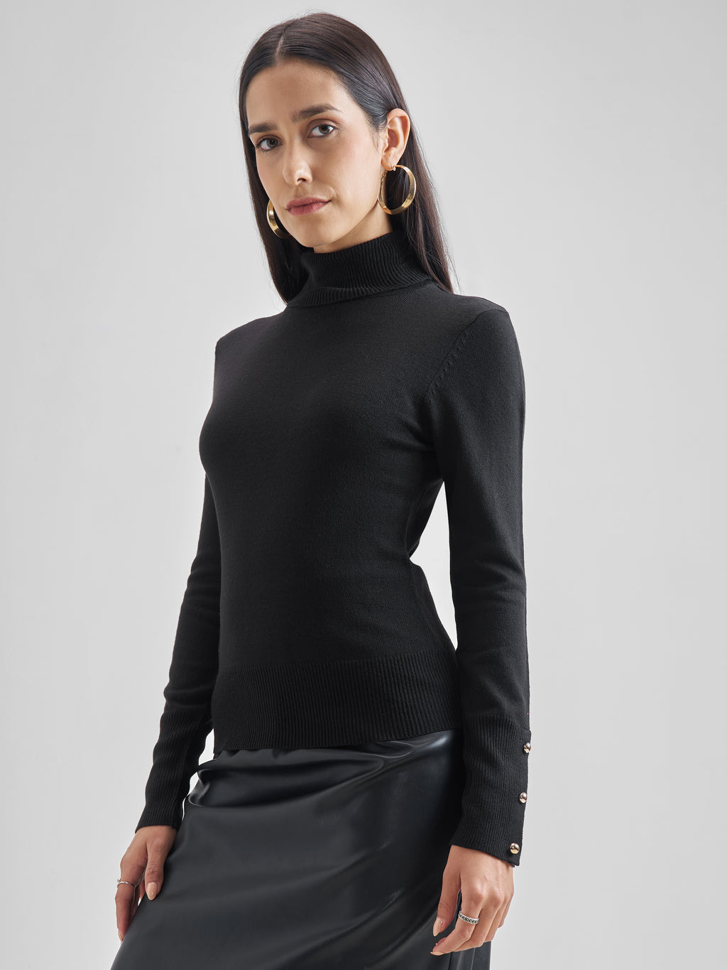 Tokyo Talkies Women Black Turtle Neck Sweater - Black - Image 4
