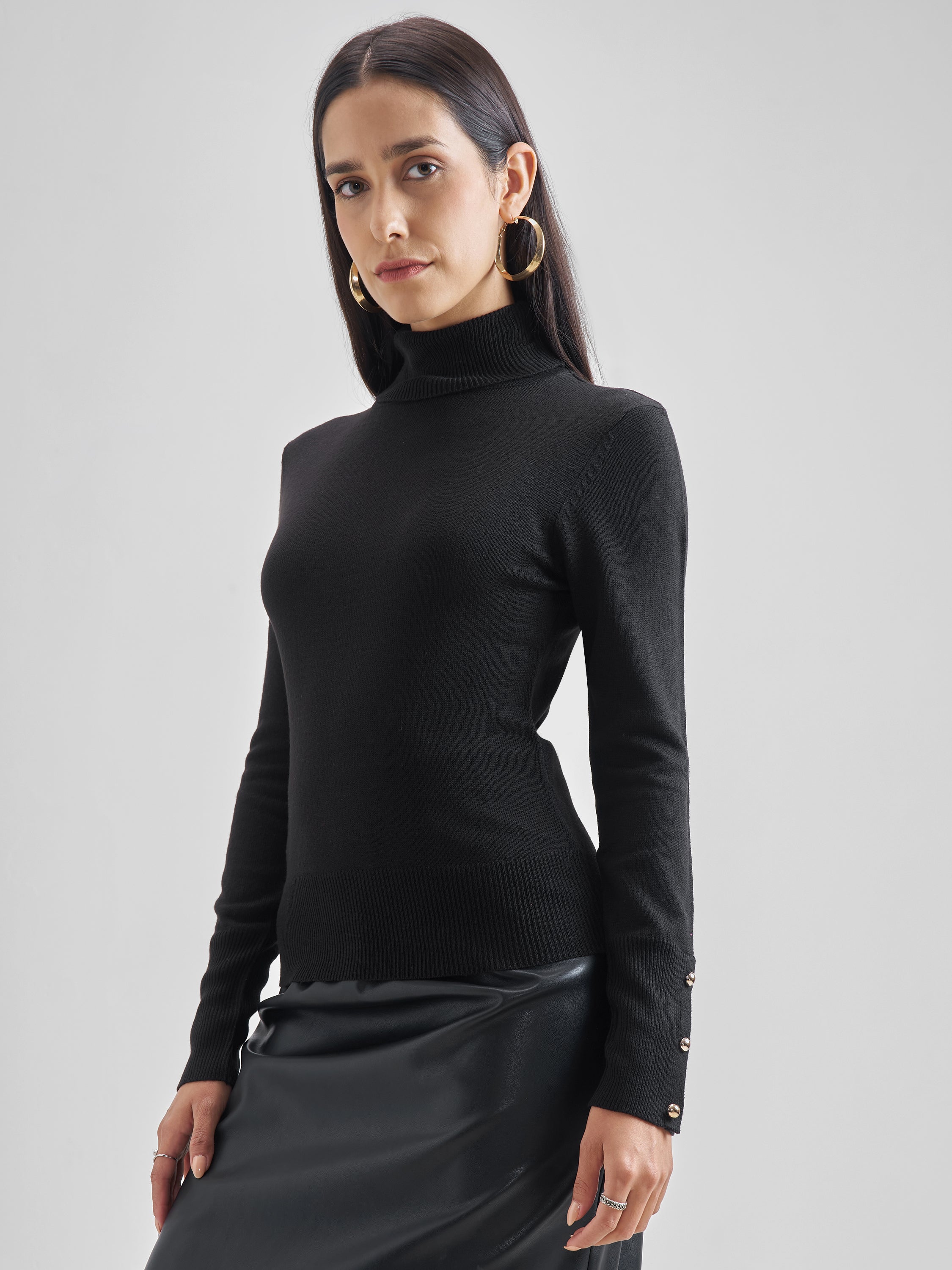 Tokyo Talkies Women Black Turtle Neck Sweater - Black - Image 4