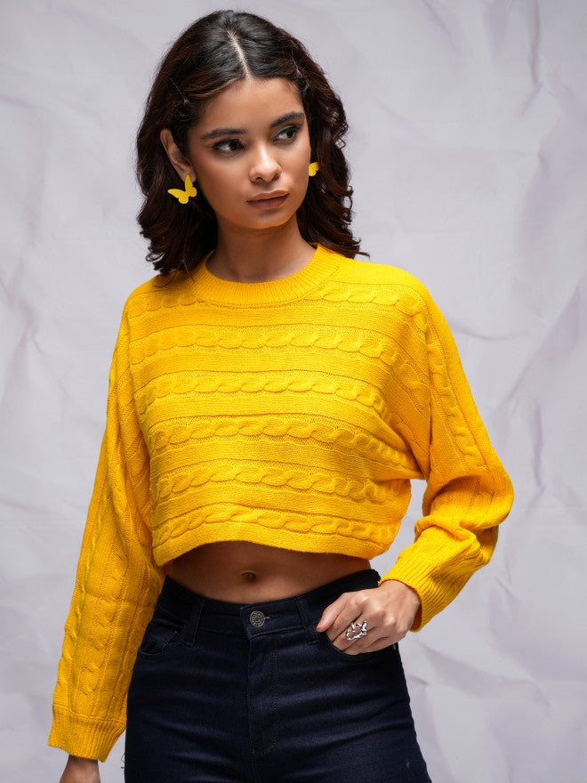 Tokyo Talkies Women Yellow Round Neck Sweater - Yellow - Image 1