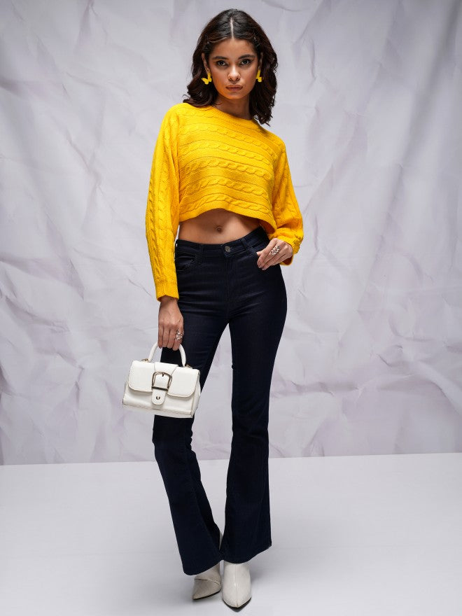 Tokyo Talkies Women Yellow Round Neck Sweater - Yellow - Image 2