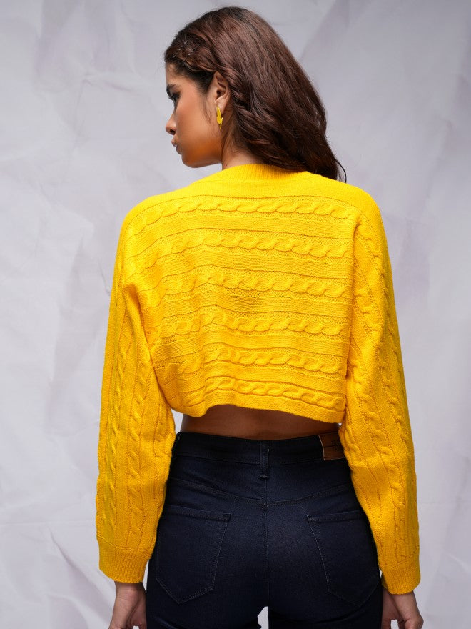 Tokyo Talkies Women Yellow Round Neck Sweater - Yellow - Image 3