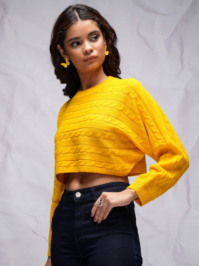 Tokyo Talkies Women Yellow Round Neck Sweater - Yellow - Image 4