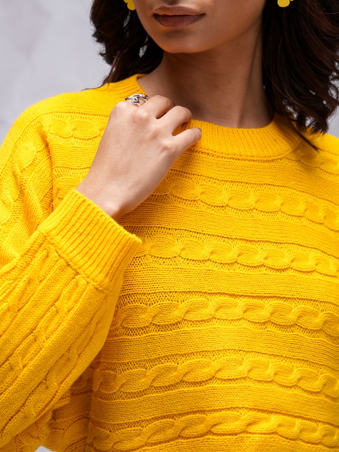 Tokyo Talkies Women Yellow Round Neck Sweater - Yellow - Image 5