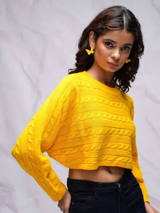 Tokyo Talkies Women Yellow Round Neck Sweater - Yellow - Image 6