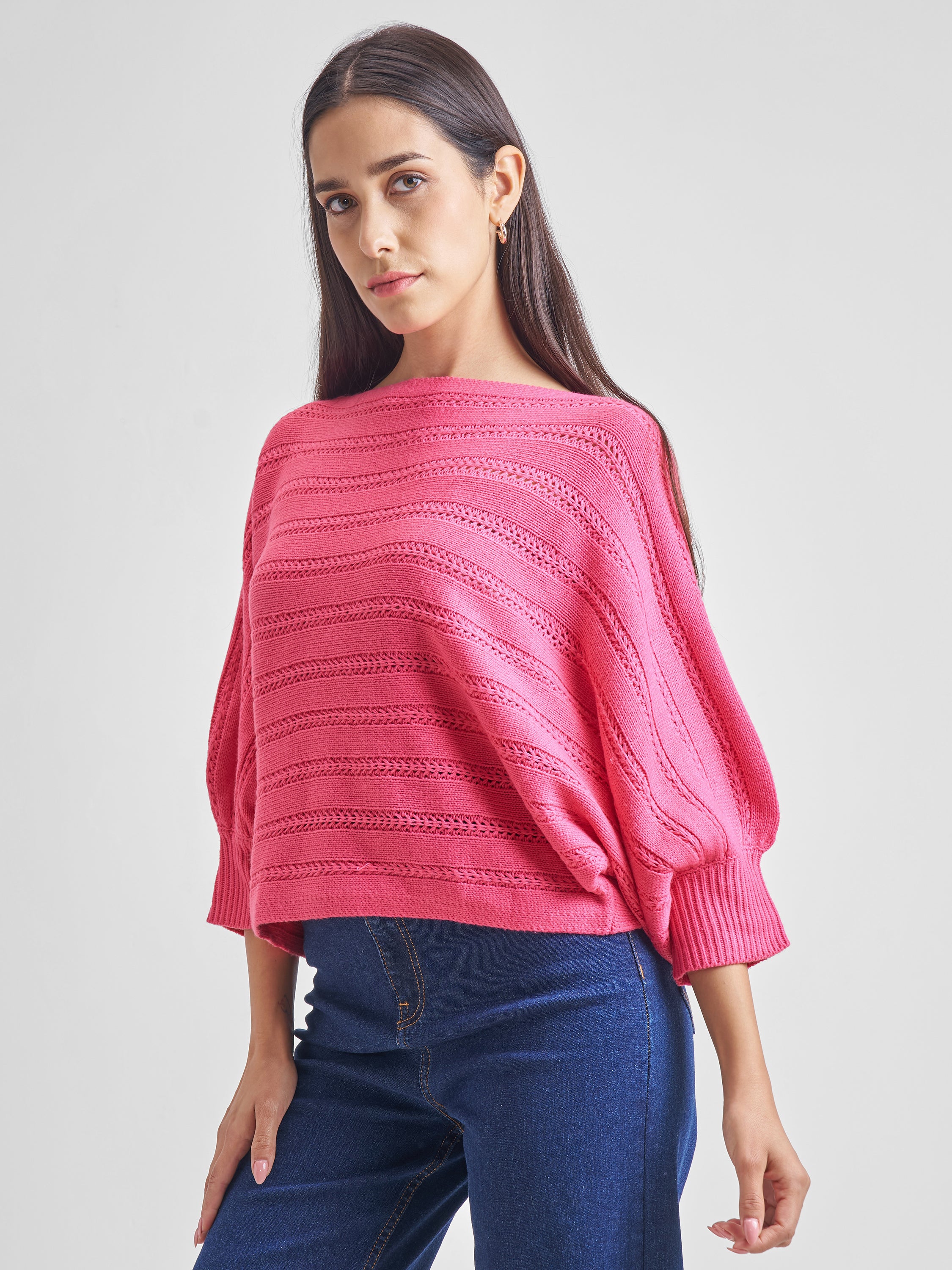 Tokyo Talkies Women Pink Boat Neck Sweater - Pink - Image 4