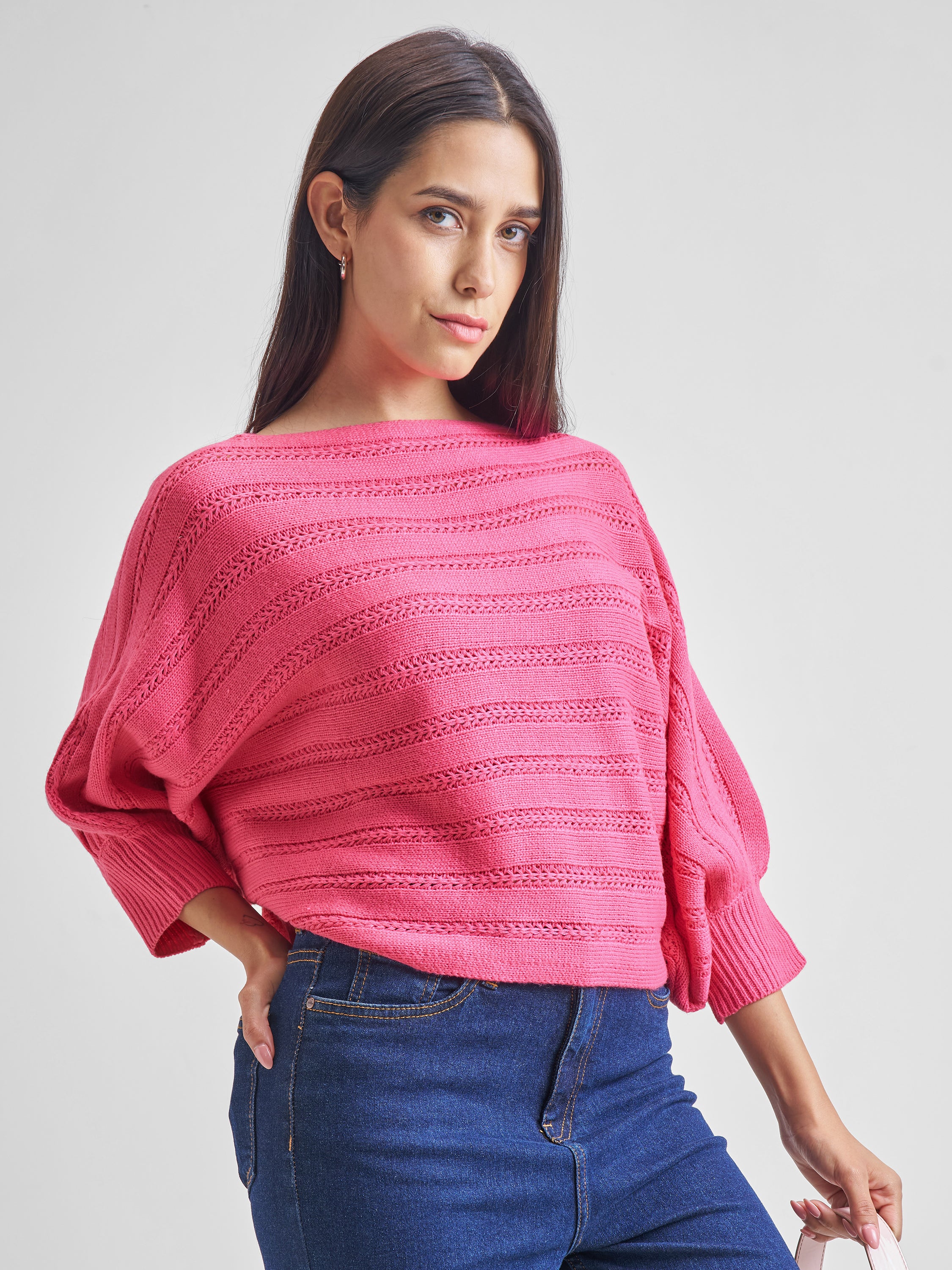 Tokyo Talkies Women Pink Boat Neck Sweater - Pink - Image 6