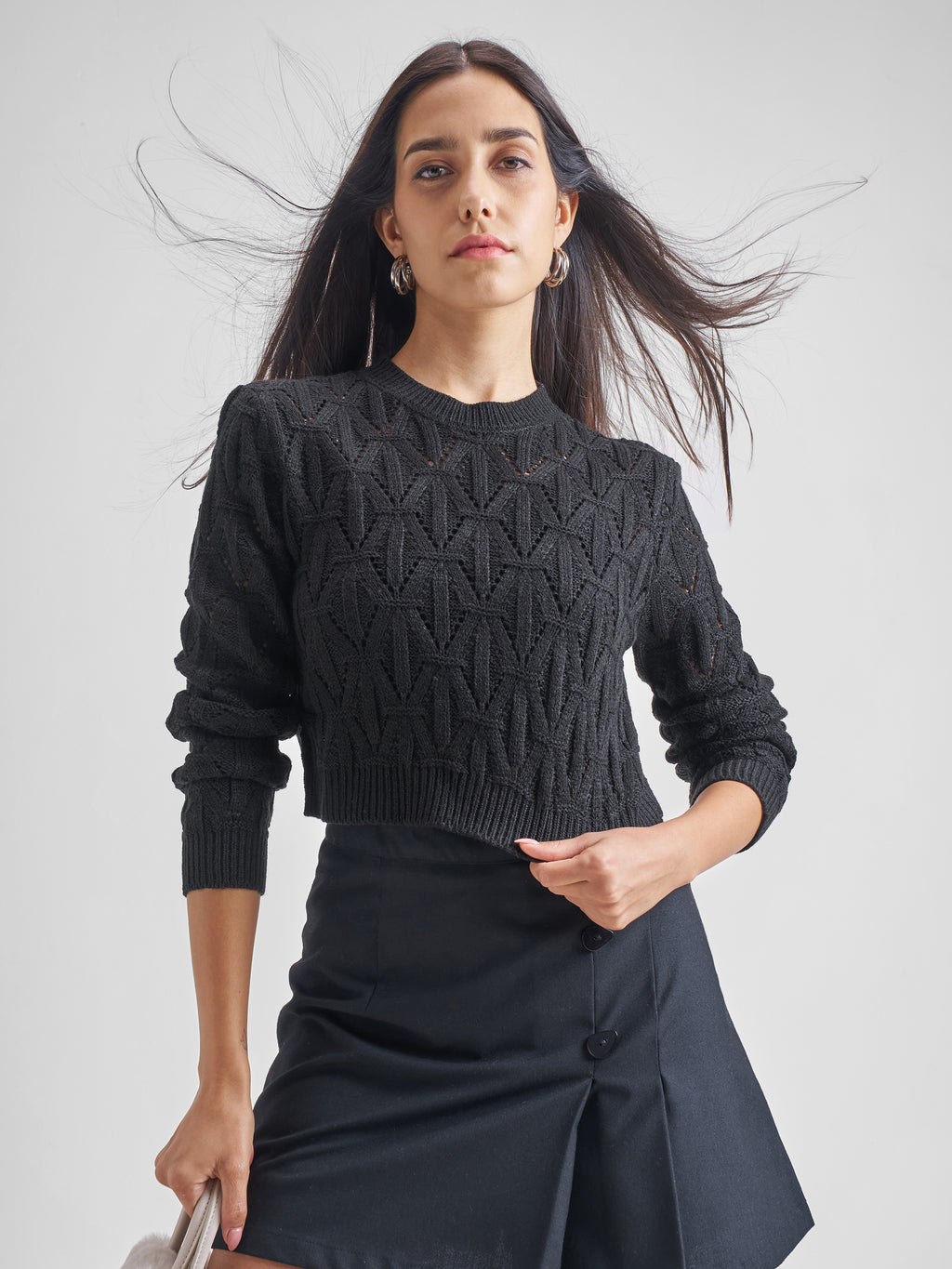 Tokyo Talkies Women Black Round Neck Sweater - Black - Image 1