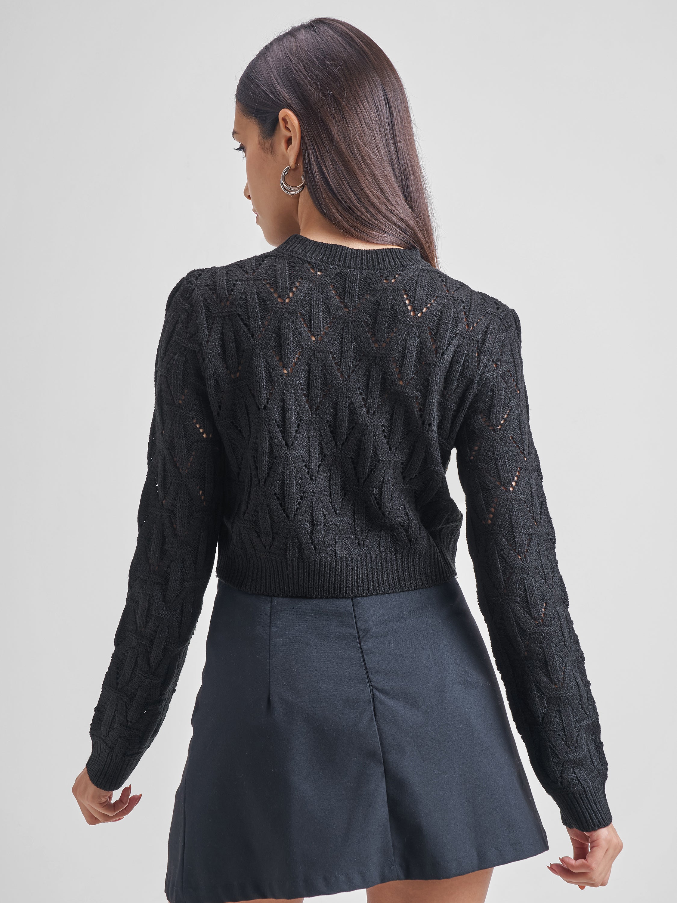 Tokyo Talkies Women Black Round Neck Sweater - Black - Image 3