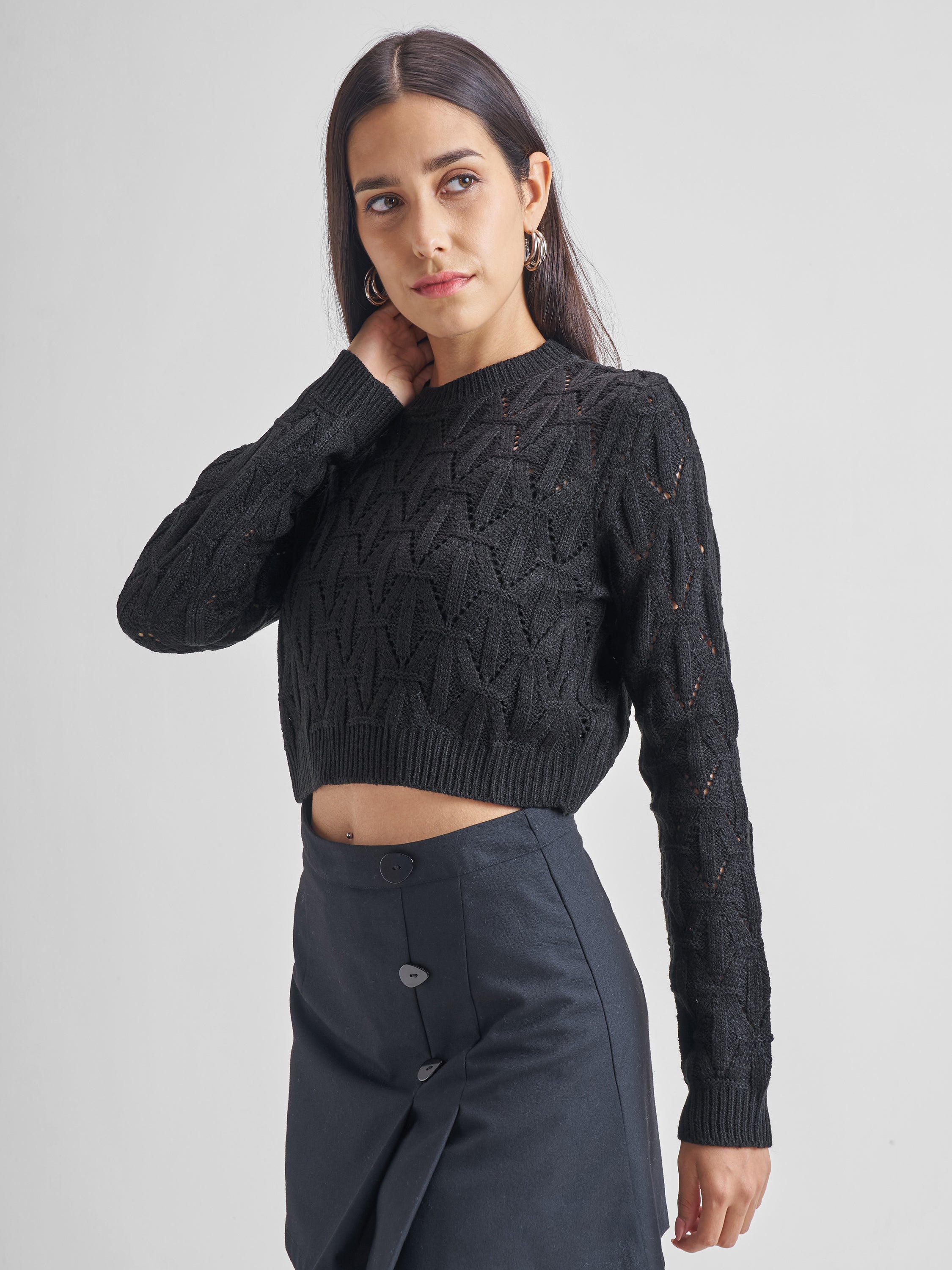 Tokyo Talkies Women Black Round Neck Sweater - Black - Image 4