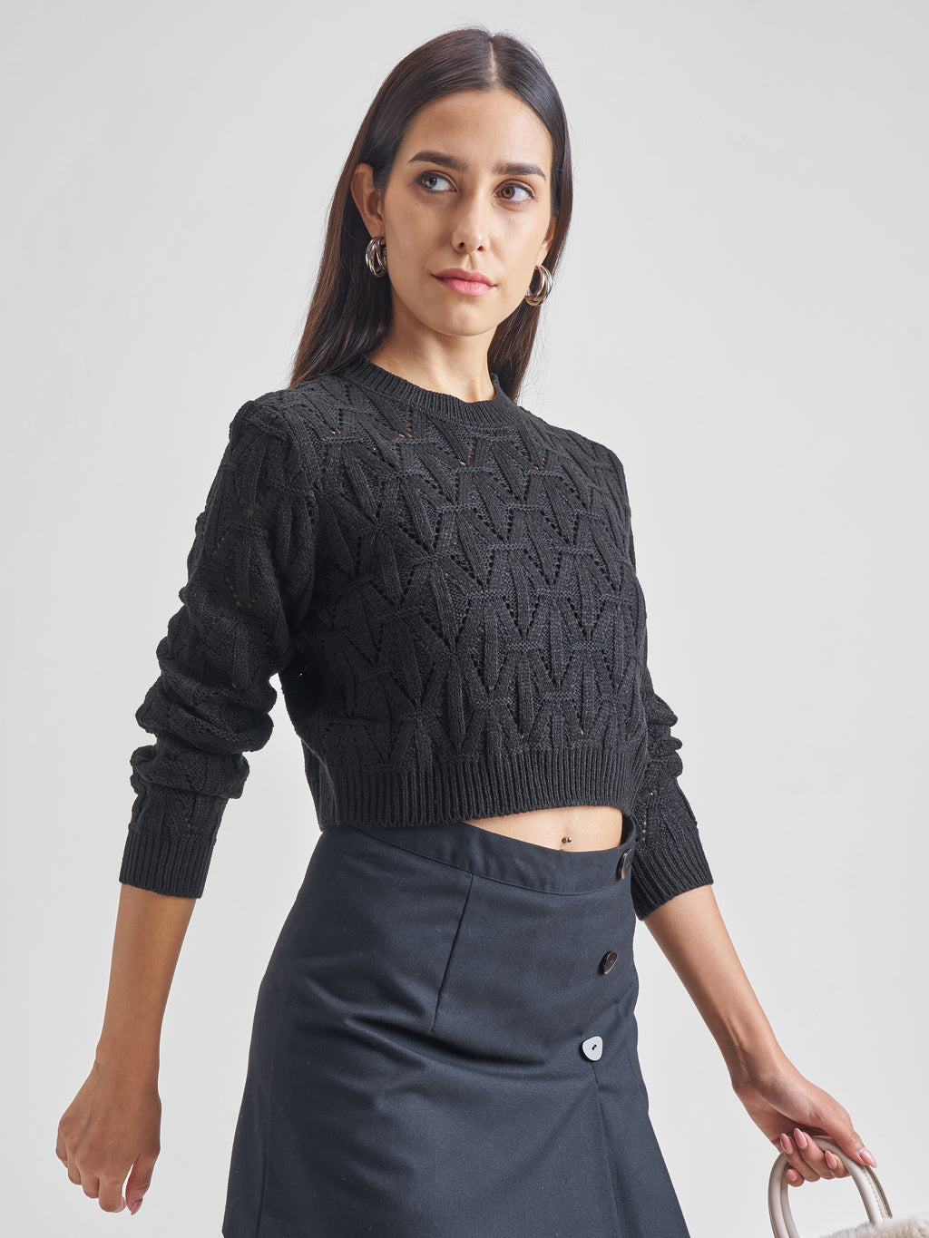 Tokyo Talkies Women Black Round Neck Sweater - Black - Image 6
