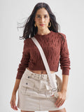 Tokyo Talkies Women Brown Round Neck Cropped Sweater - Brown - Image 1