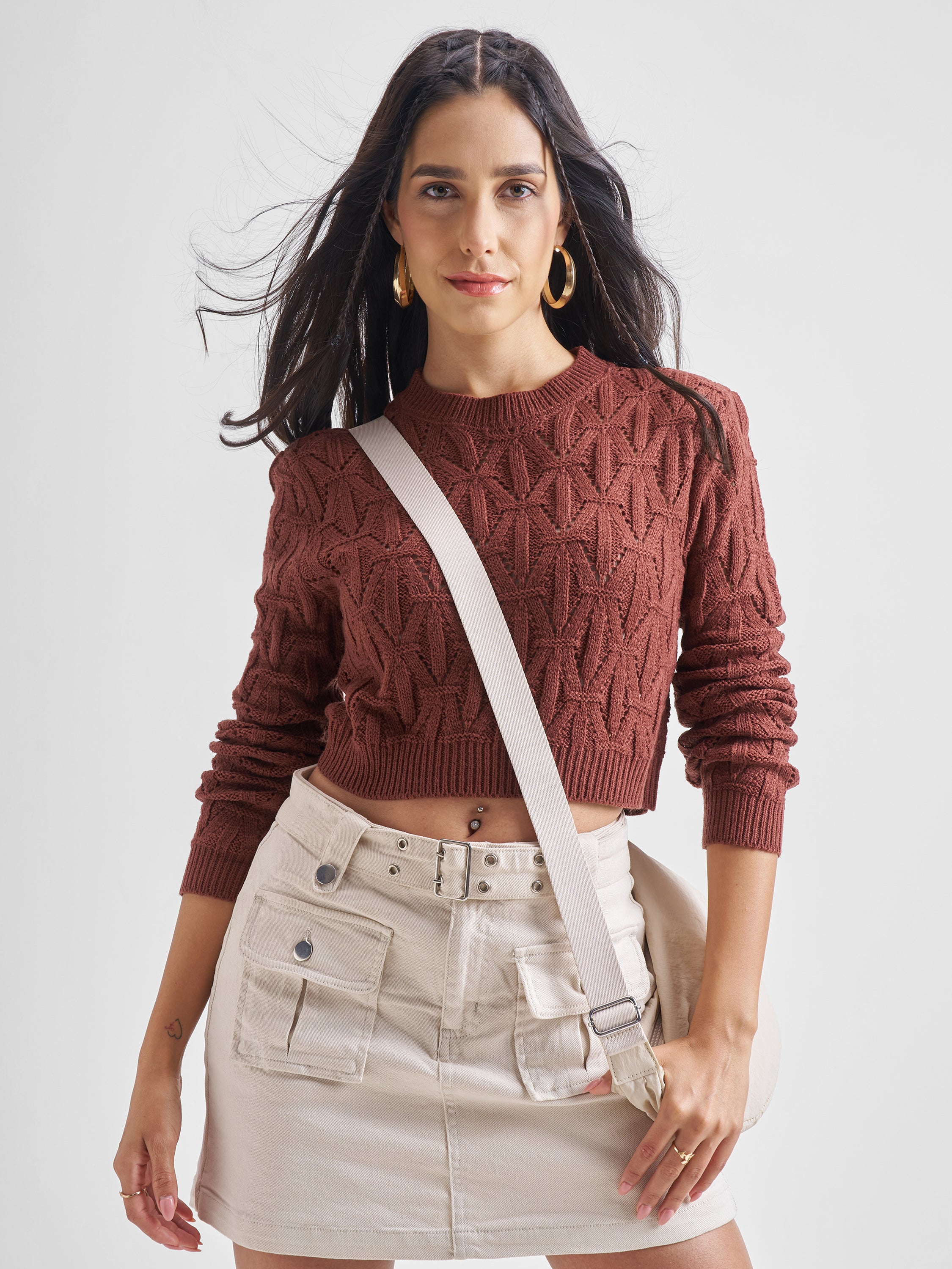 Tokyo Talkies Women Brown Round Neck Cropped Sweater - Brown - Image 1