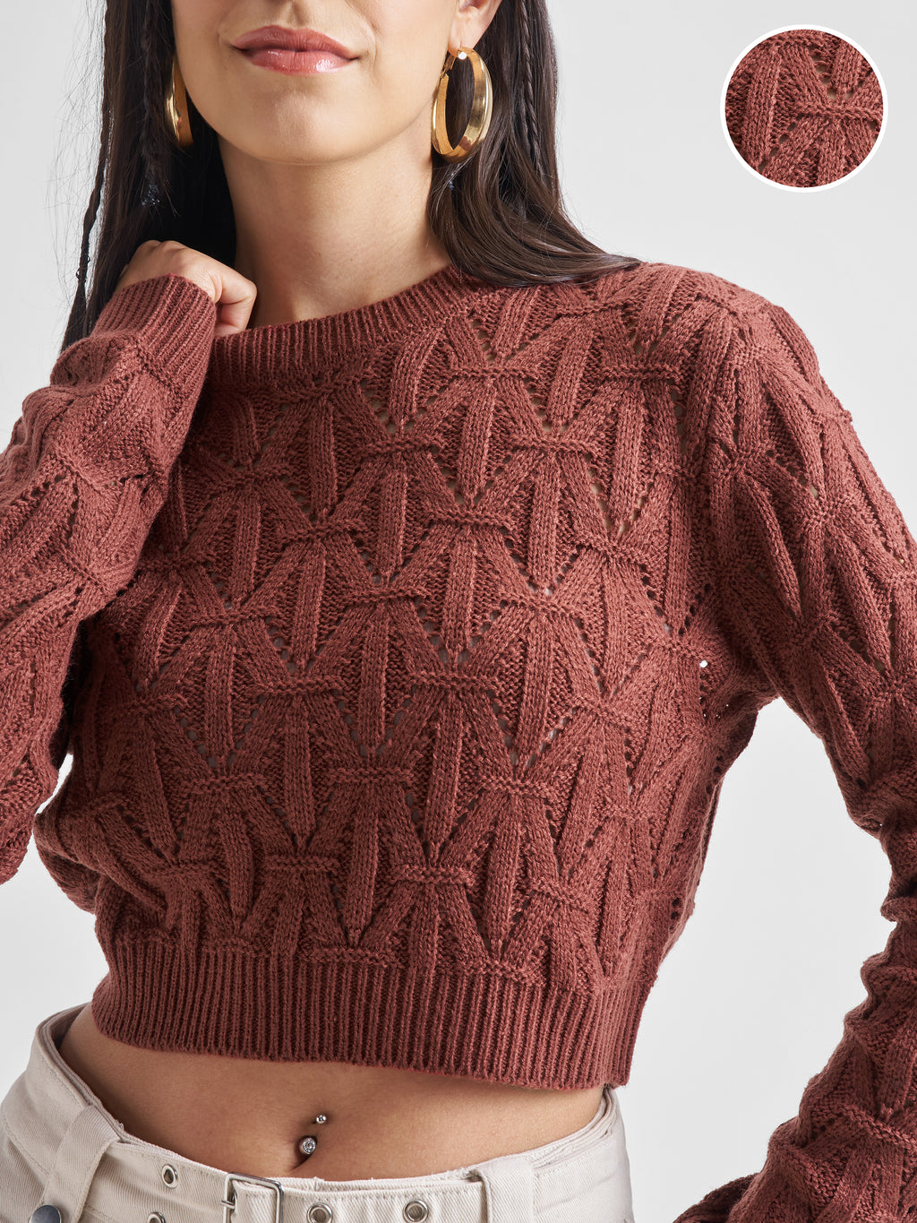 Tokyo Talkies Women Brown Round Neck Cropped Sweater - Brown - Image 5