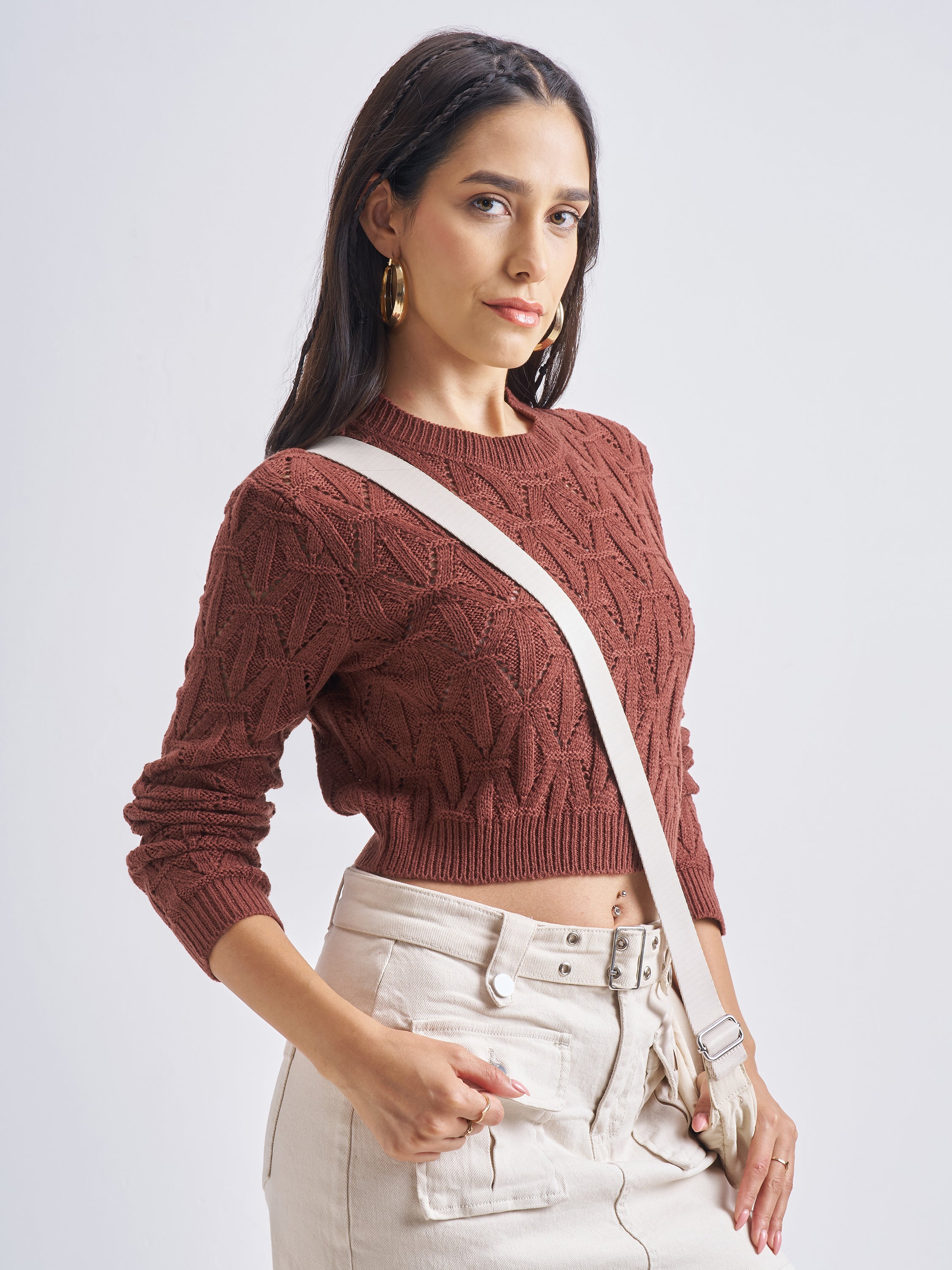 Tokyo Talkies Women Brown Round Neck Cropped Sweater - Brown - Image 6