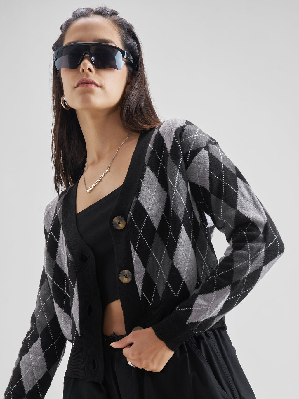 Tokyo Talkies Women Black V-Neck Sweater - Black - Image 1