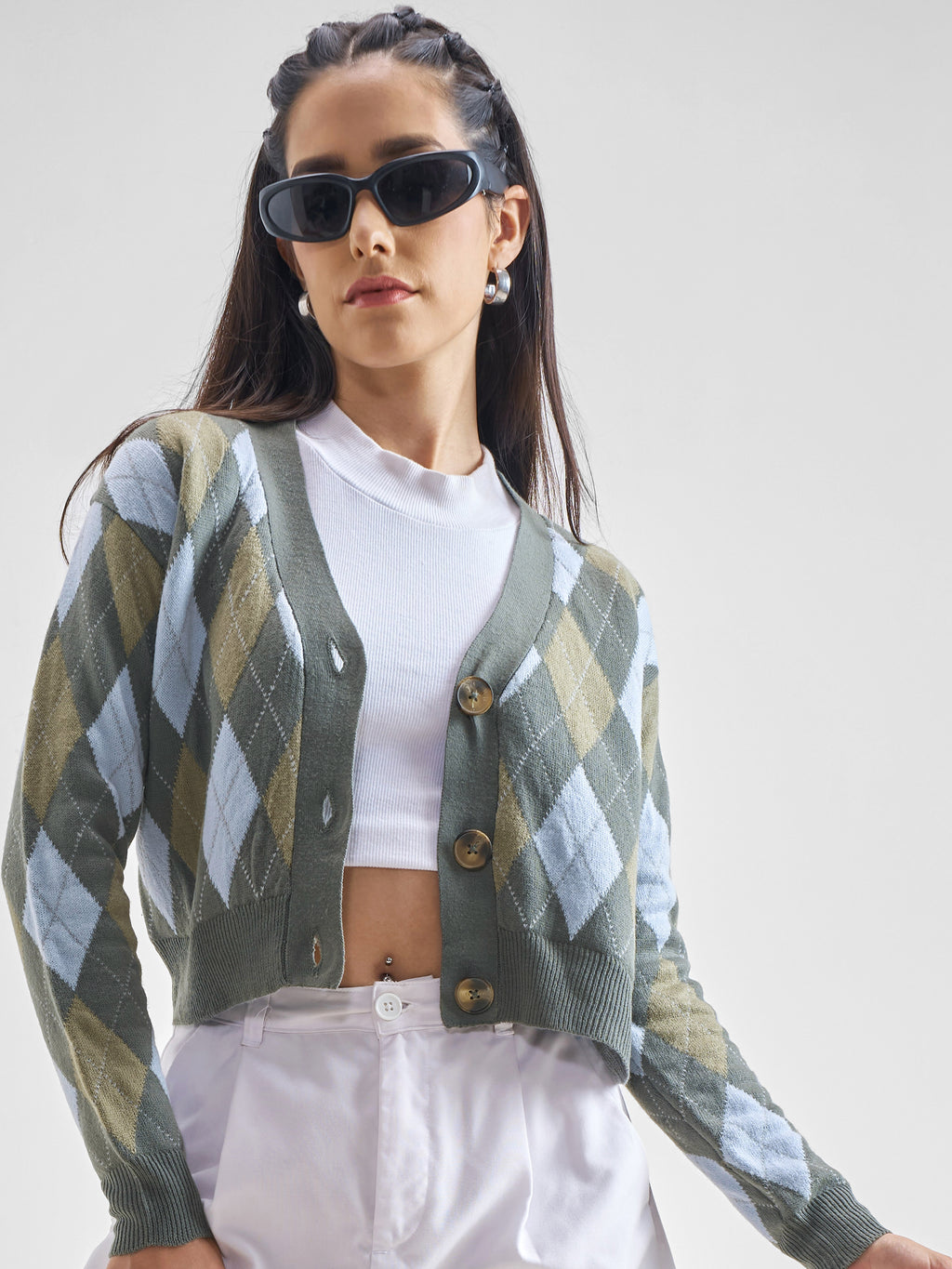 Tokyo Talkies Women Grey V-Neck Argyle Sweater - Grey - Image 1