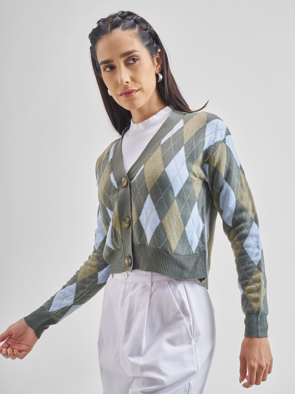 Tokyo Talkies Women Grey V-Neck Argyle Sweater - Grey - Image 4