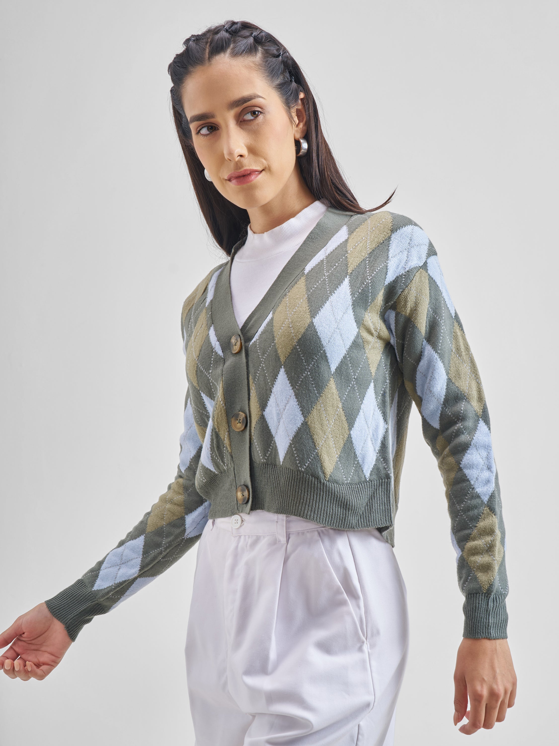 Tokyo Talkies Women Grey V-Neck Argyle Sweater - Grey - Image 4