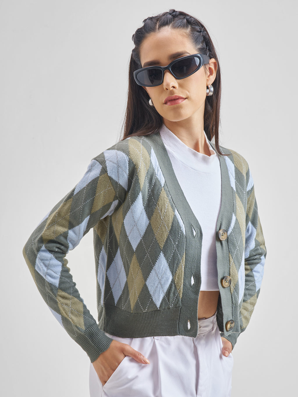 Tokyo Talkies Women Grey V-Neck Argyle Sweater - Grey - Image 6