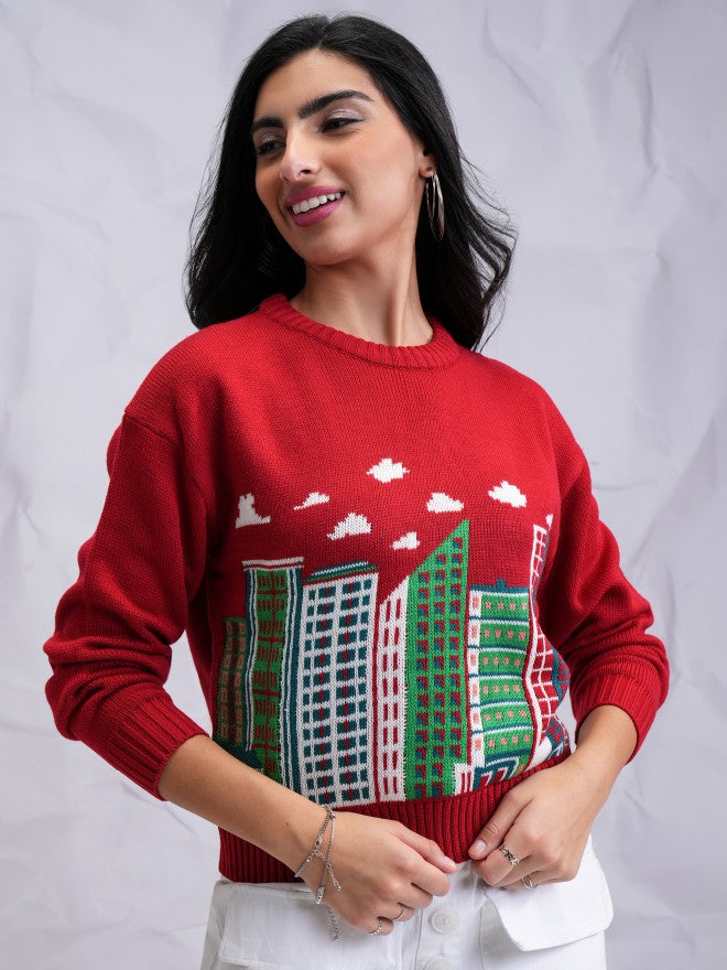 Tokyo Talkies Women Red Round Neck Sweater - Red - Image 1