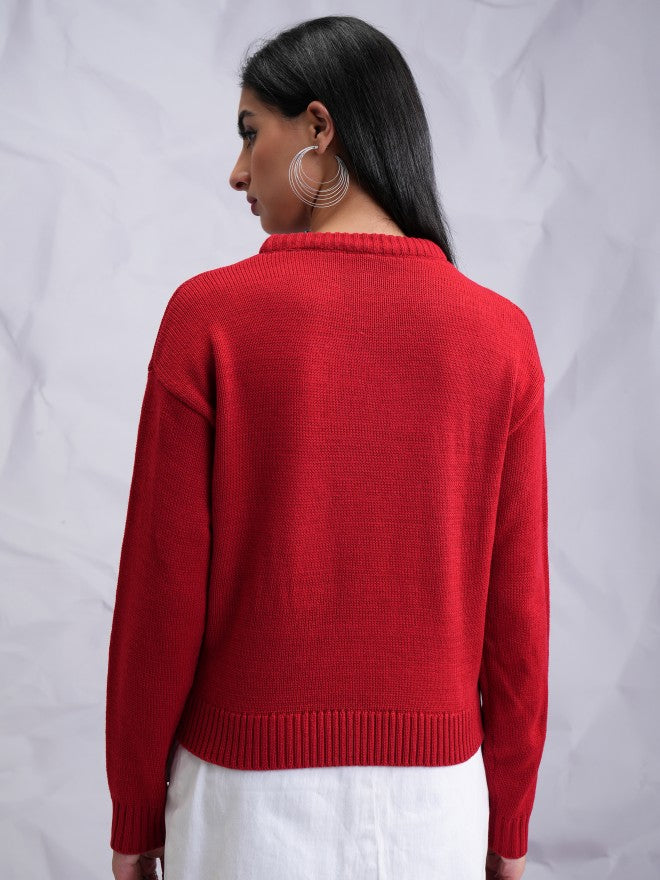 Tokyo Talkies Women Red Round Neck Sweater - Red - Image 3