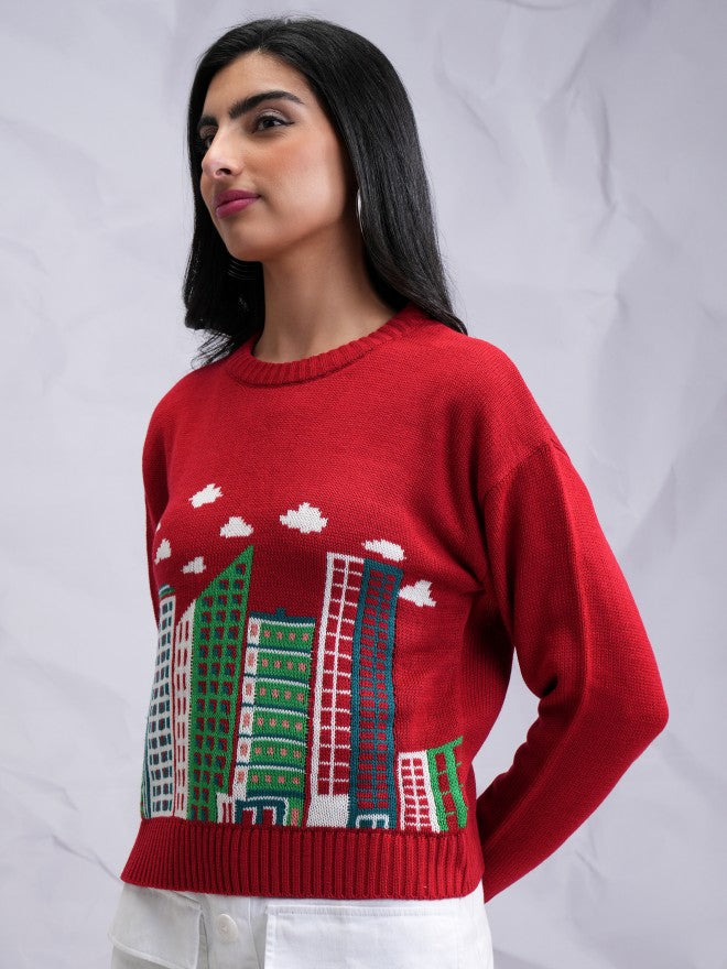 Tokyo Talkies Women Red Round Neck Sweater - Red - Image 4