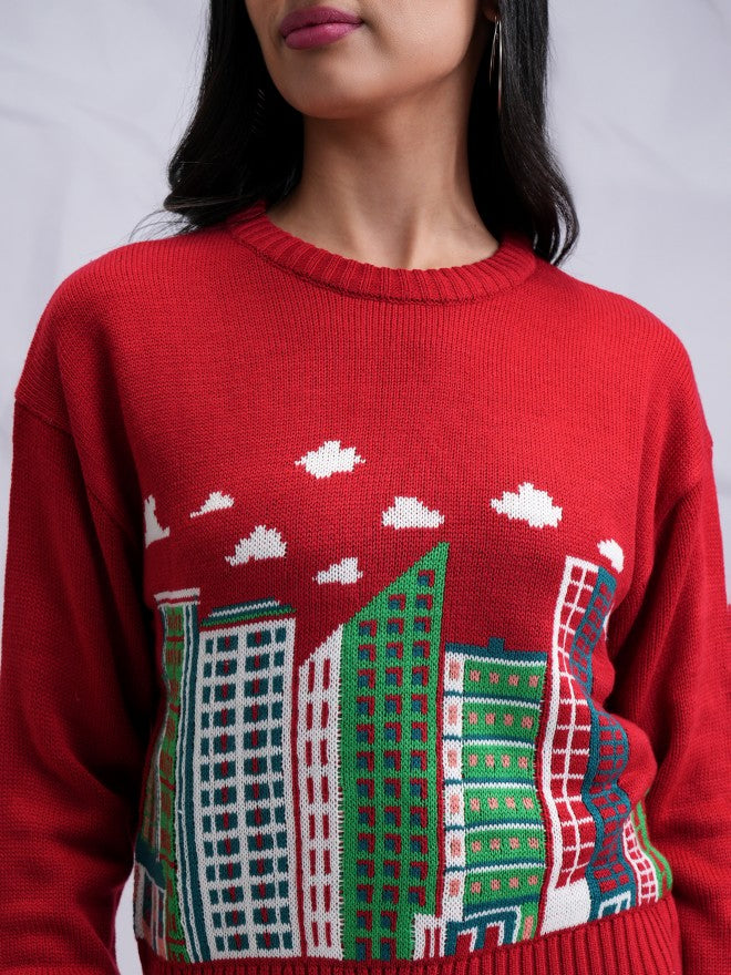 Tokyo Talkies Women Red Round Neck Sweater - Red - Image 5