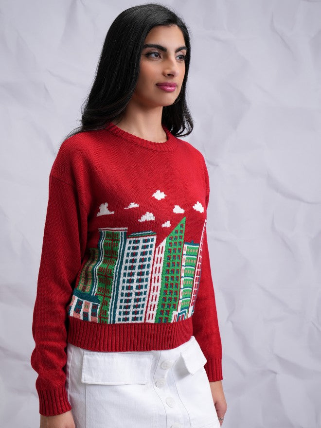 Tokyo Talkies Women Red Round Neck Sweater - Red - Image 6