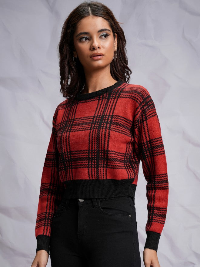 Tokyo Talkies Women Red Round Neck Sweater - Red - Image 4