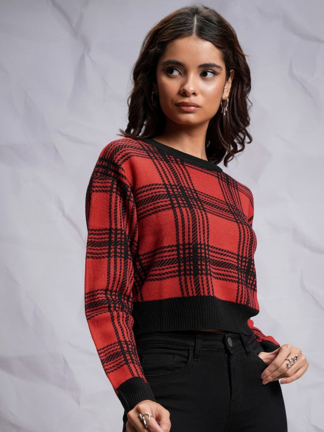 Tokyo Talkies Women Red Round Neck Sweater - Red - Image 6